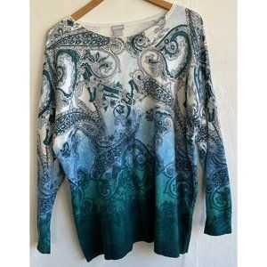 Chico's Knit Top Paisley 2/Large Blue Green 3/4 Sleeve Stretch Cashmere Blend